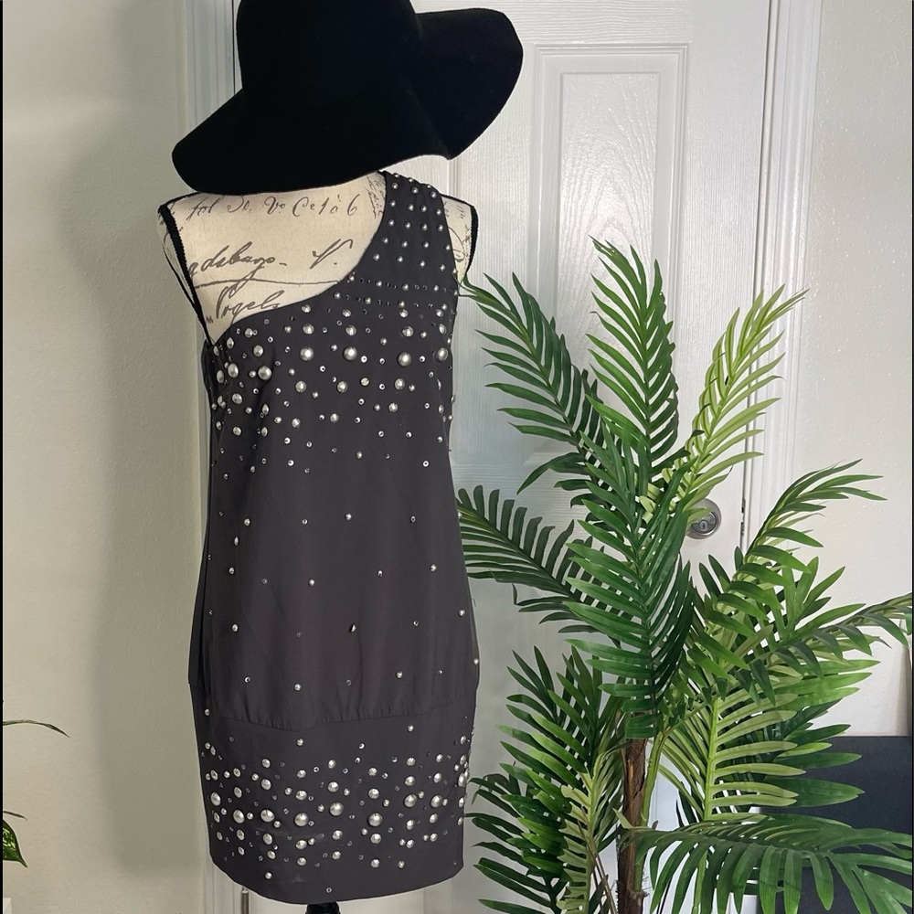 Cute Gray One Shoulder Dress with Buttons